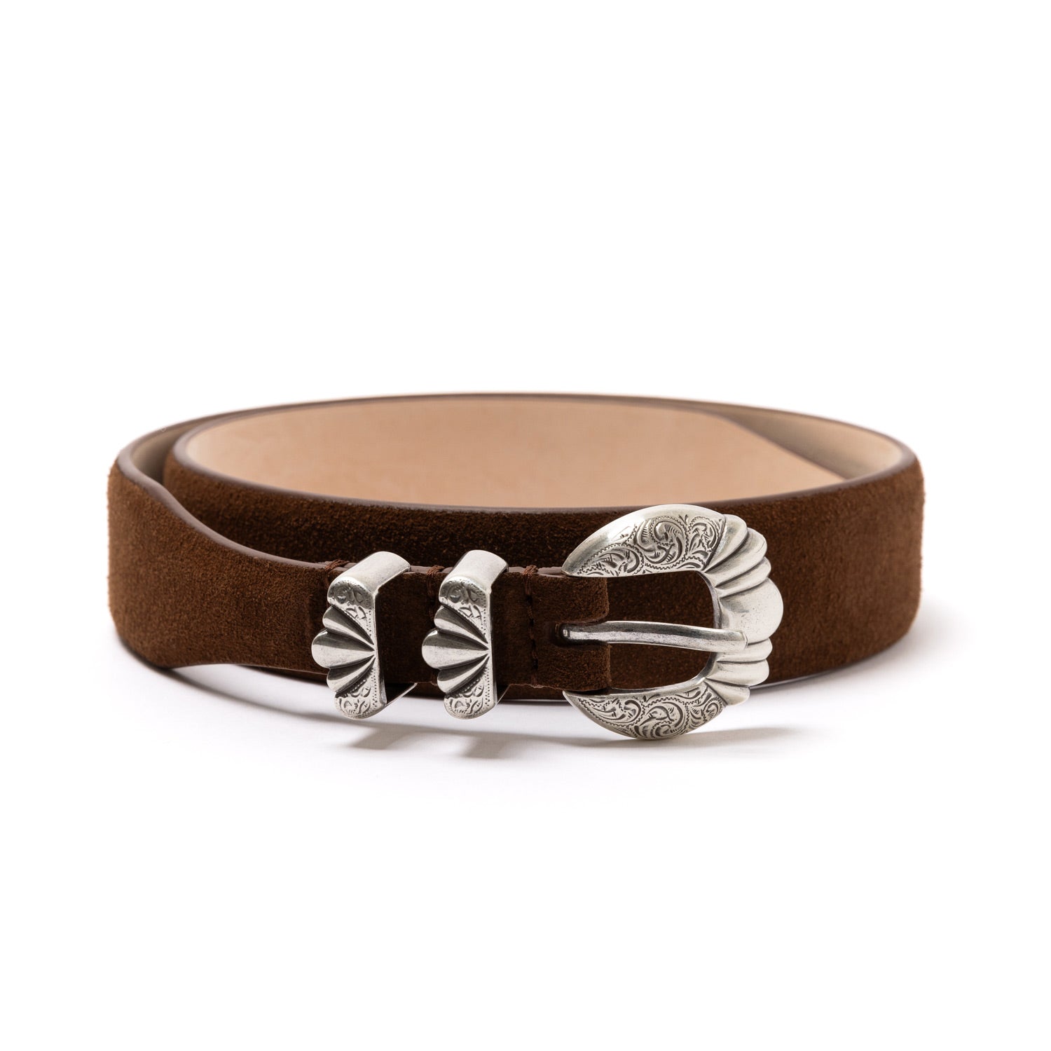 Silver Ostrich x MJ: Western Belt "Versailles" made of Brown Suede - handmade